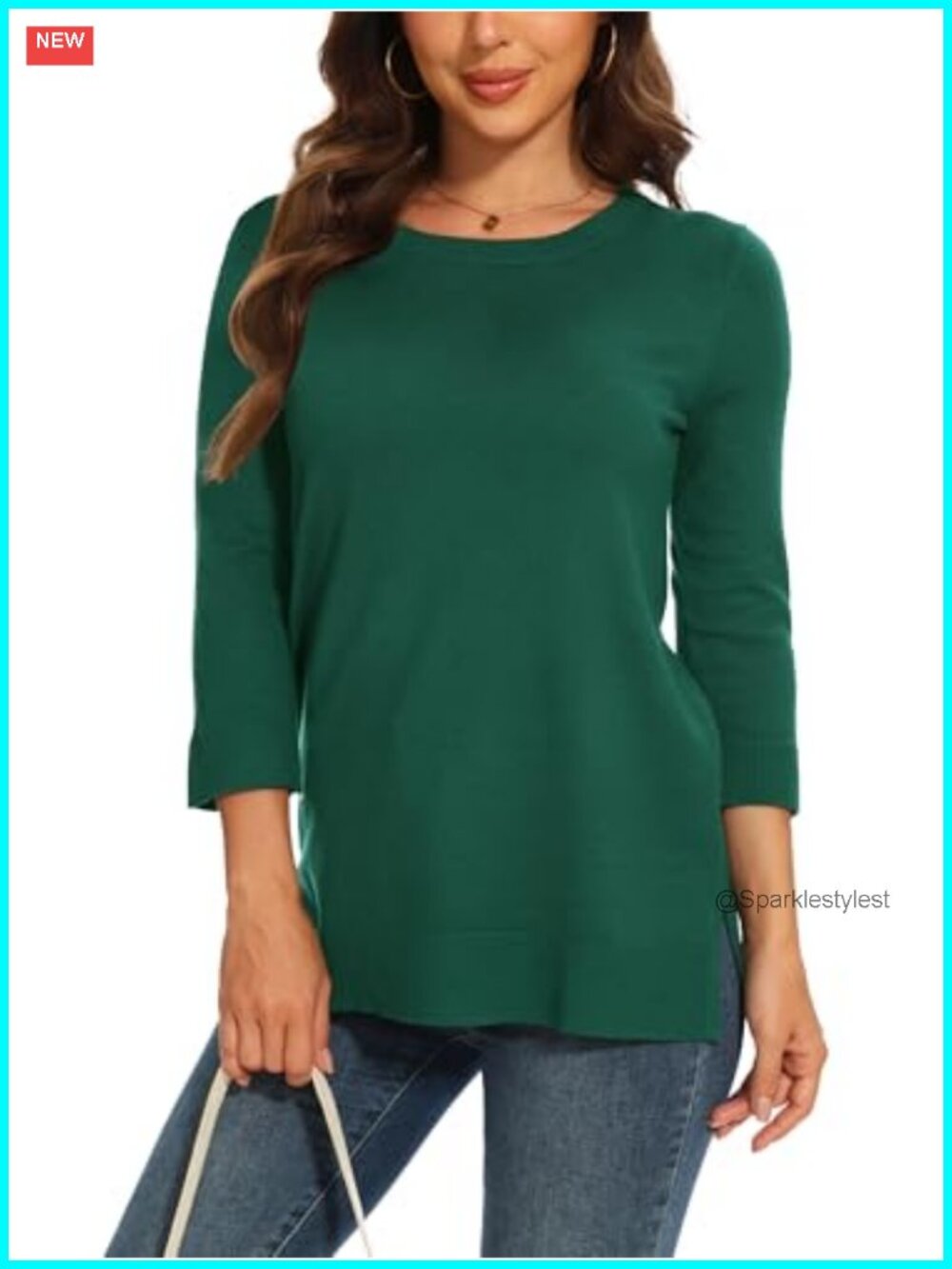 Women's 3/4 Sleeve Cable Knit Crewneck Pullover Sweater Tunic